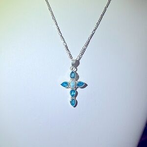 Beautiful genuine larimar and blue topaz cross pendant (925)